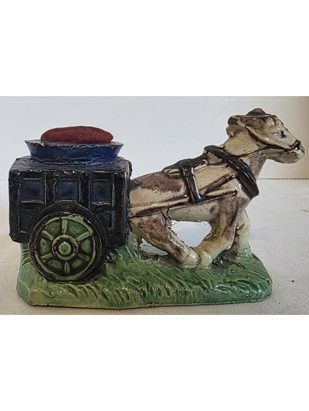 VTG Japan Porcelain Figural Pin Cushion Donkey Draw Carriage
